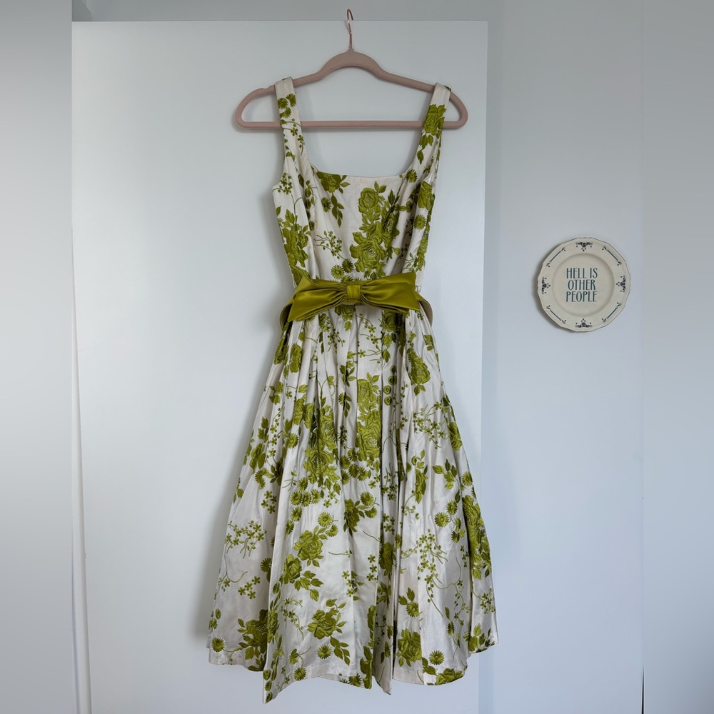 Ross Mayer raw silk white and green tea length cocktail dress